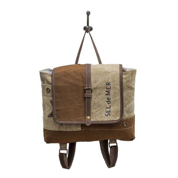 Myra Bag Handmade Tahini Backpack Upcycled Canvas & Cowhide Leather - Picture 5 of 9